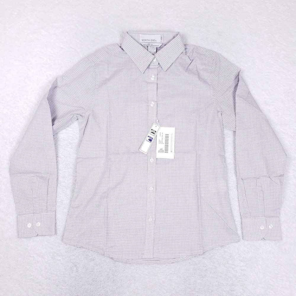 North End Women Button‎ Up Shirt S Purple Grid Wrinkle Resistant Workwear
